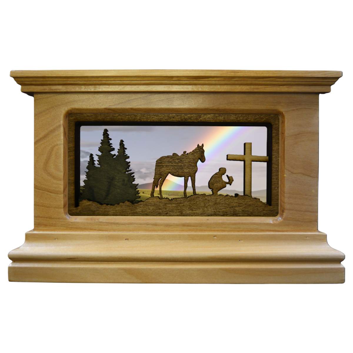 Bitterroot Urn in Alder with the Praying Cowboy Layered Image and Background #10