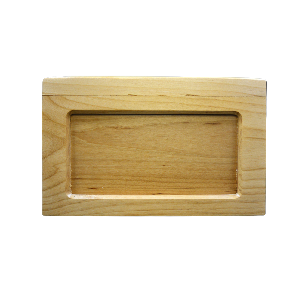 Beartooth style wooden urn finished in alder wood, has a central panel that is also alder that can be removed for other personalization