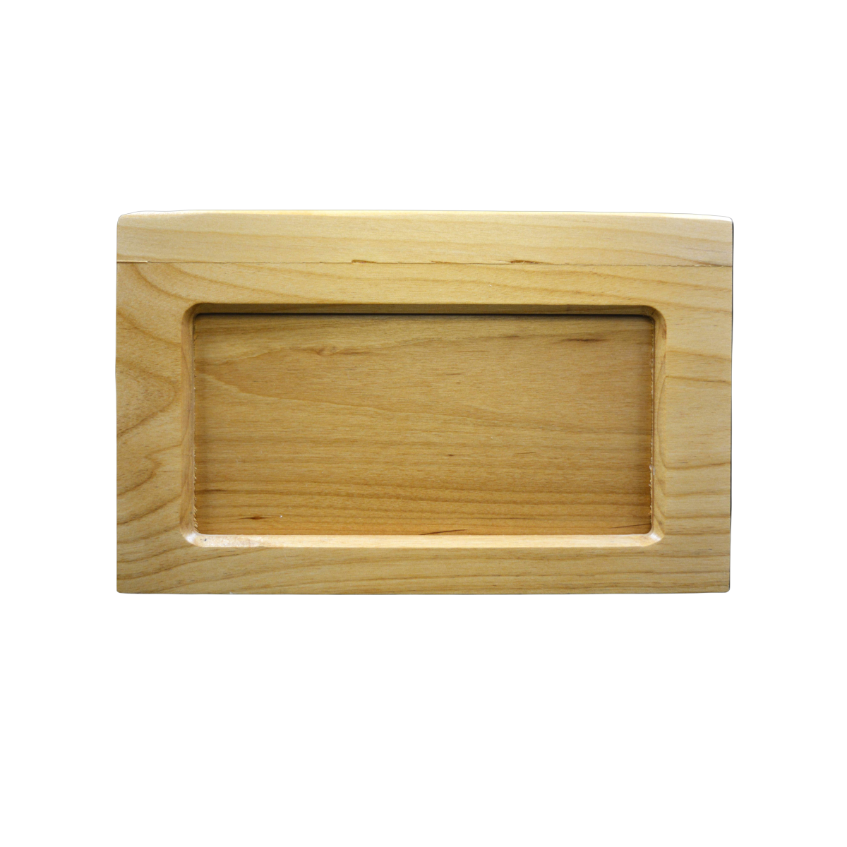 Beartooth style wooden urn finished in alder wood, has a central panel that is also alder that can be removed for other personalization