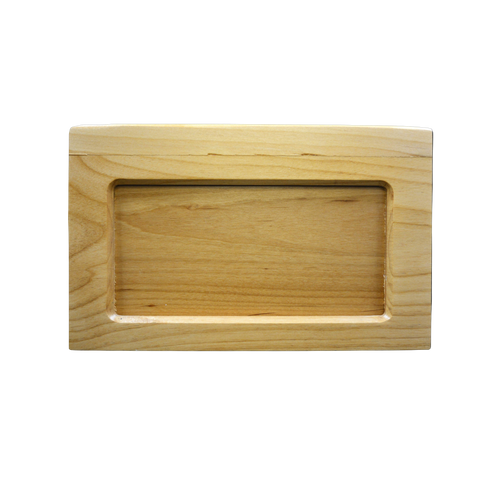 Beartooth style wooden urn finished in alder wood, has a central panel that is also alder that can be removed for other personalization