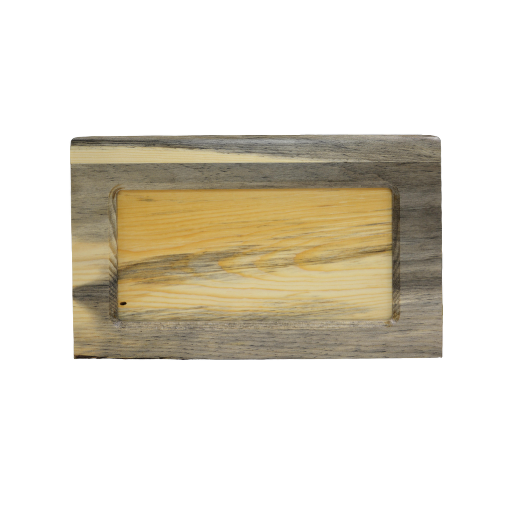 Beartooth style wooden urn finished in blue pine wood, has a central panel that is also blue pine that can be removed for other personalization