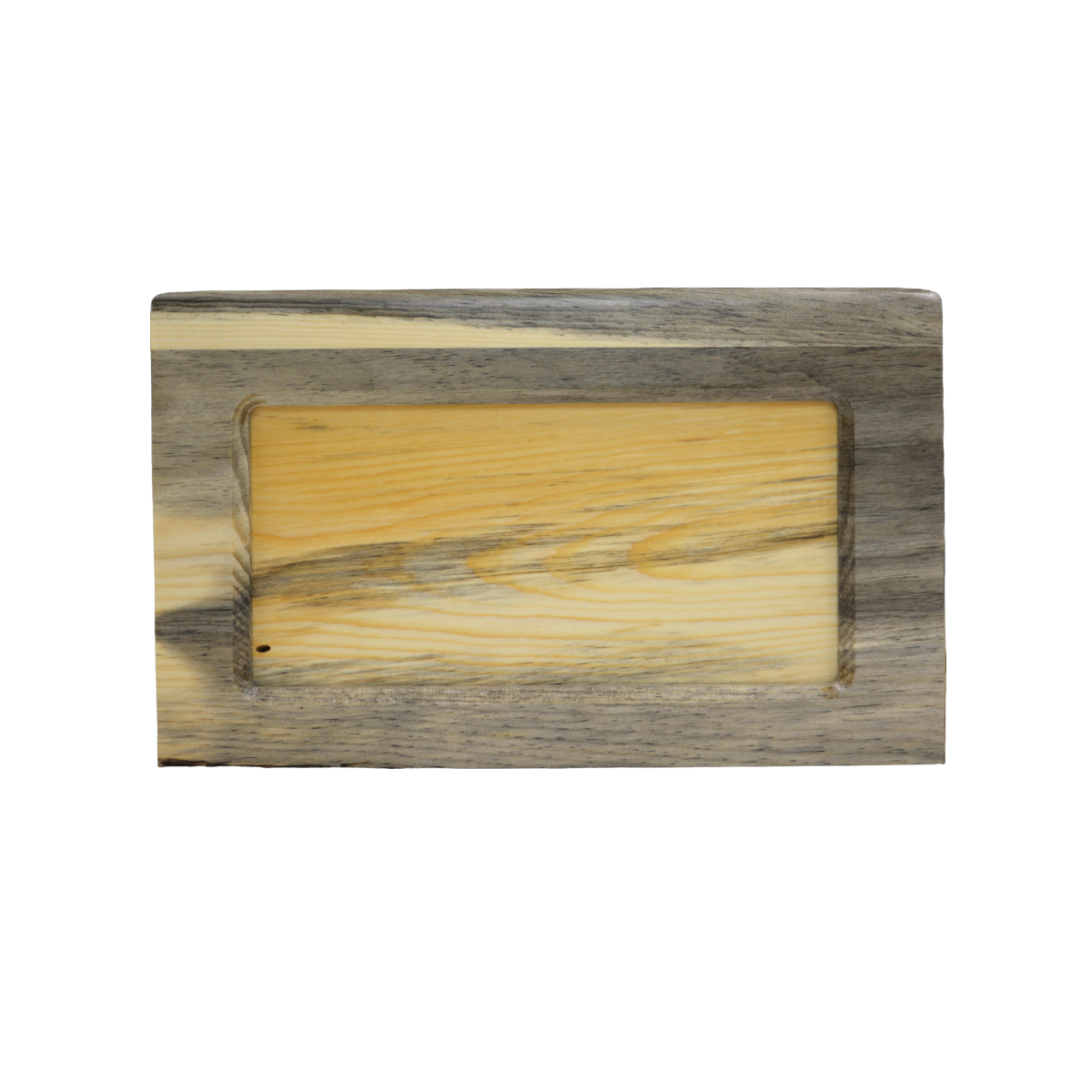 Beartooth style wooden urn finished in blue pine wood, has a central panel that is also blue pine that can be removed for other personalization