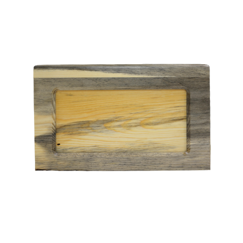 Beartooth style wooden urn finished in blue pine wood, has a central panel that is also blue pine that can be removed for other personalization