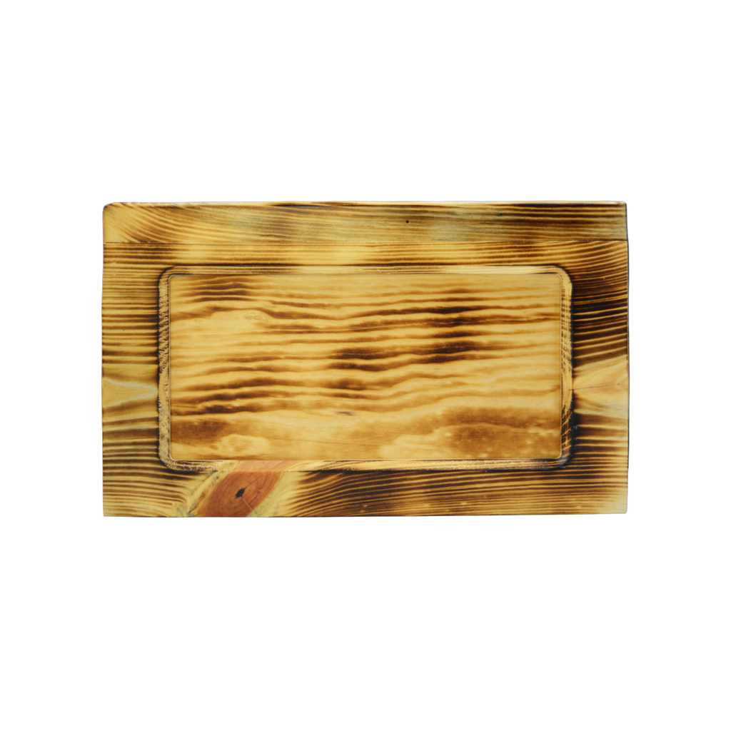 Beartooth style wooden urn finished in burnished pine wood, has a central panel that is also burnished pine that can be removed for other personalization