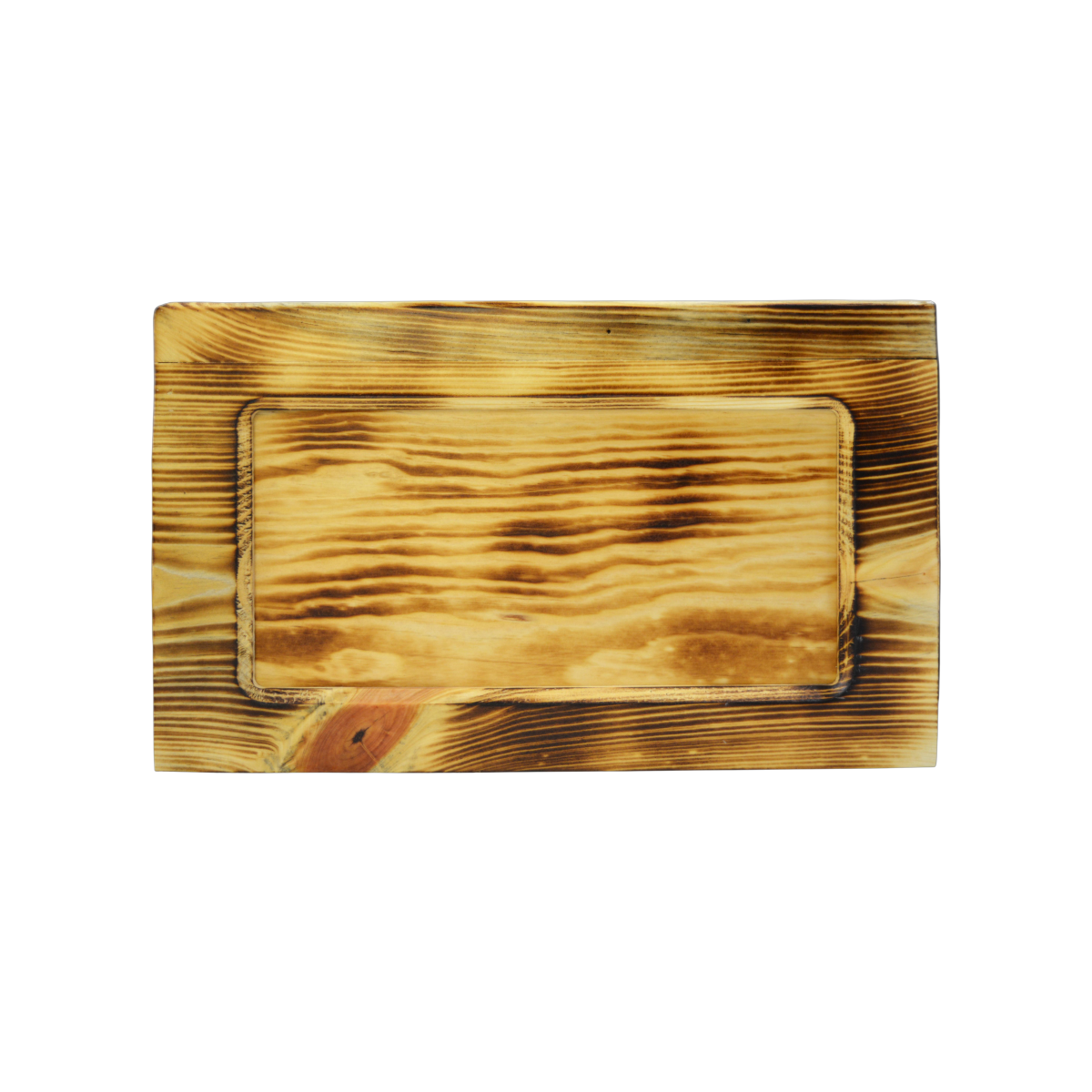 Beartooth style wooden urn finished in burnished pine wood, has a central panel that is also burnished pine that can be removed for other personalization