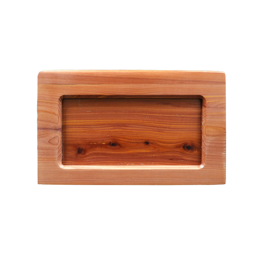 Beartooth style wooden urn finished in cedar wood, has a central panel that is also cedar that can be removed for other personalization