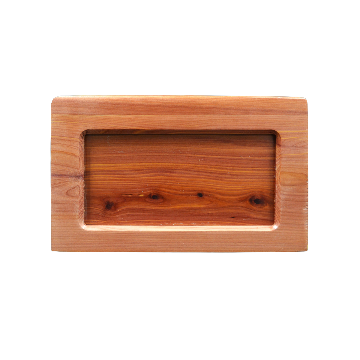 Beartooth style wooden urn finished in cedar wood, has a central panel that is also cedar that can be removed for other personalization