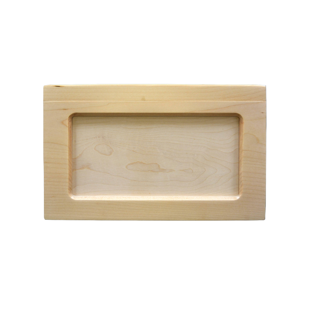 Beartooth style wooden urn finished in maple wood, has a central panel that is also maple that can be removed for other personalization