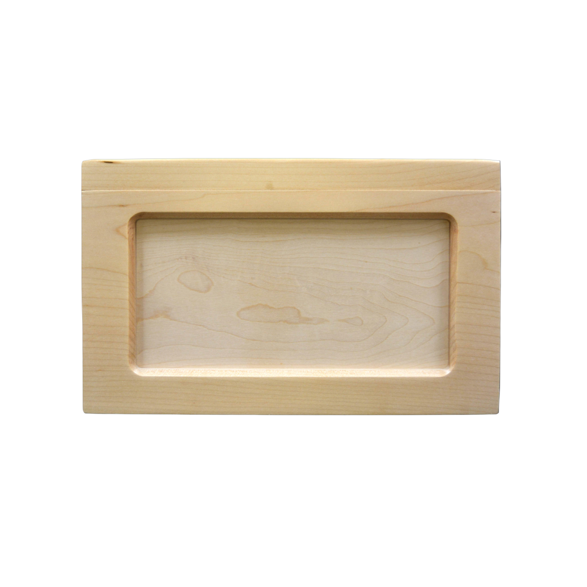 Beartooth style wooden urn finished in maple wood, has a central panel that is also maple that can be removed for other personalization