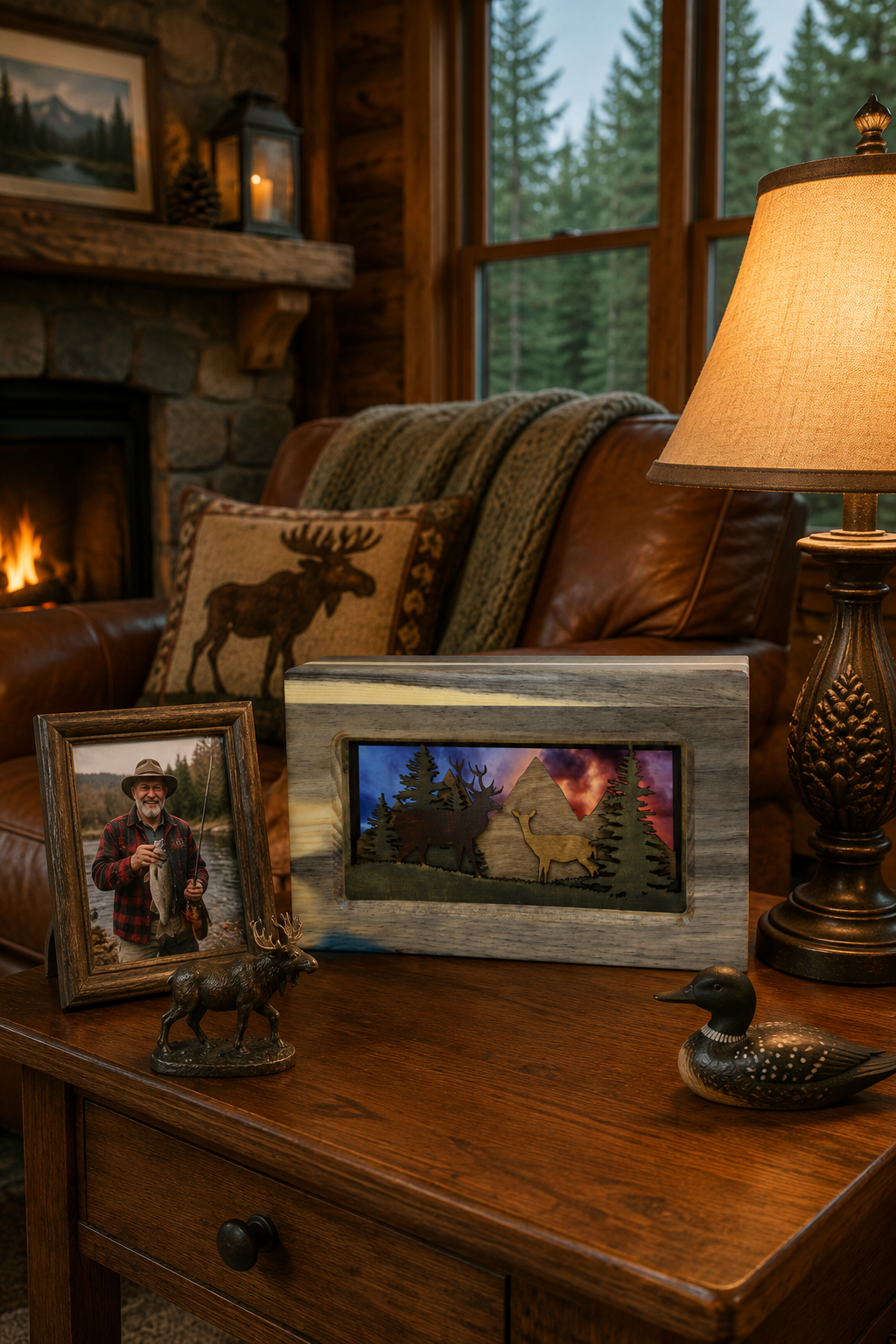 Handcrafted Beartooth wood cremation urn with deer panel insert, styled in a warm home setting — personalized memorial urn by Deer Creek Imaging