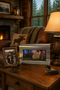Handcrafted Beartooth wood cremation urn with deer panel insert, styled in a warm home setting — personalized memorial urn by Deer Creek Imaging