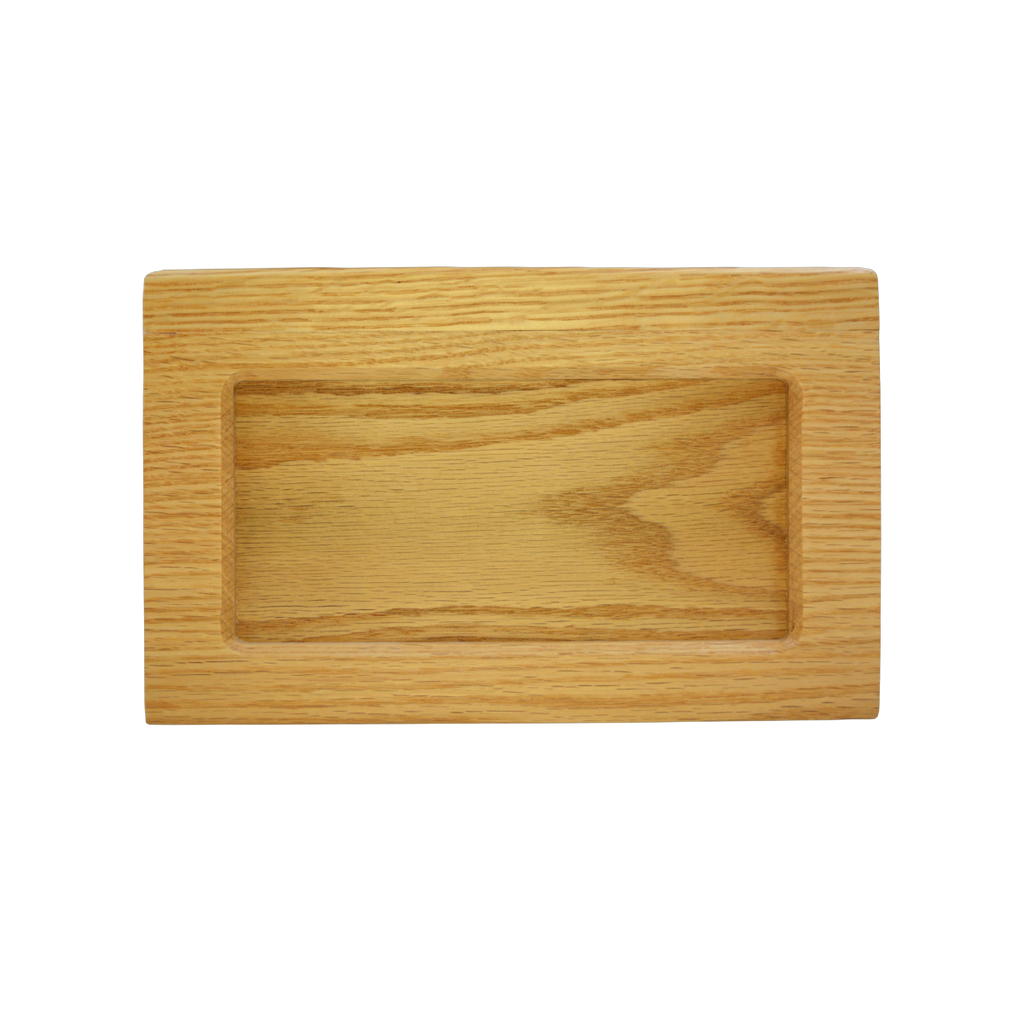 Beartooth style wooden urn finished in oak wood, has a central panel that is also oak that can be removed for other personalization