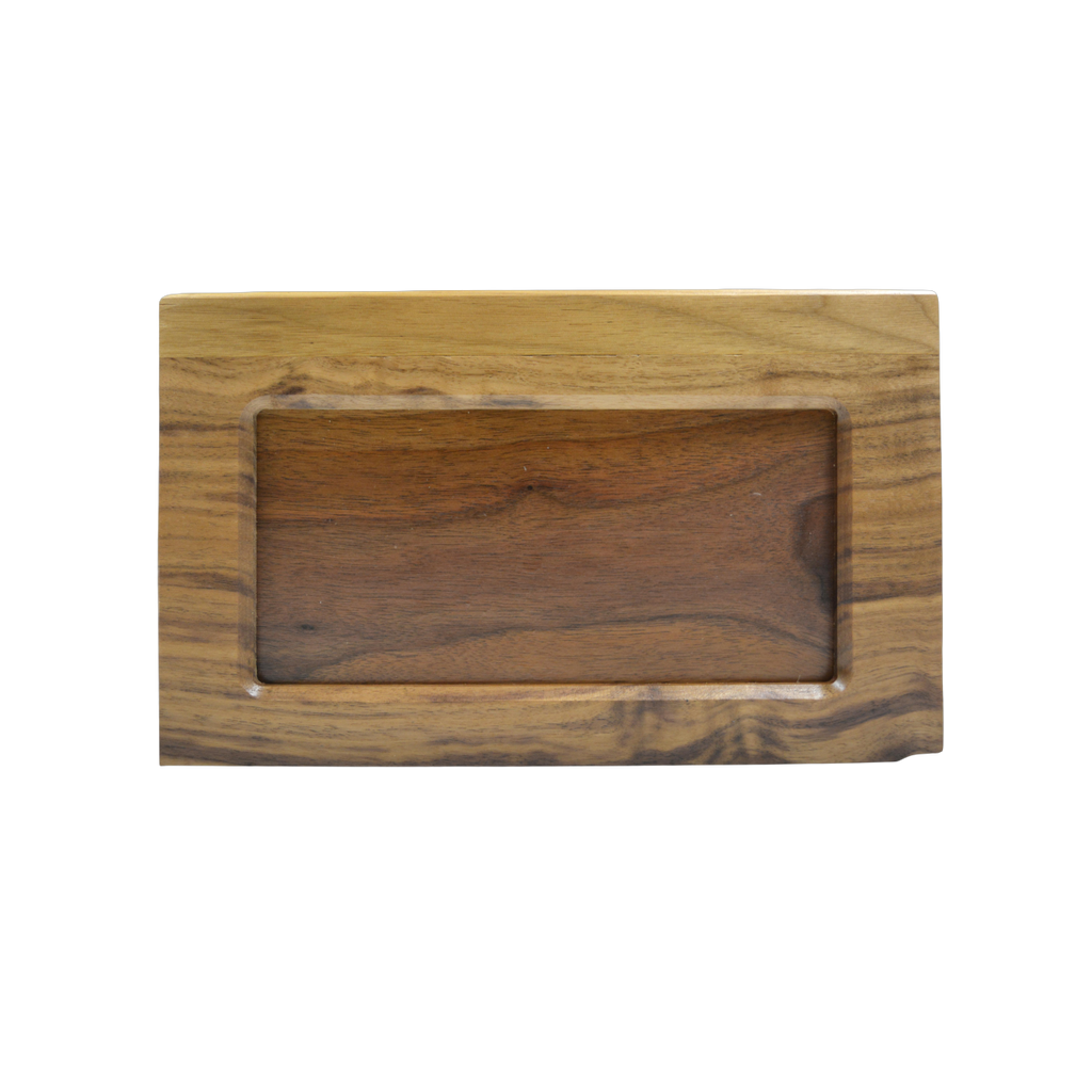 Beartooth style wooden urn finished in walnut wood, has a central panel that is also walnut that can be removed for other personalization