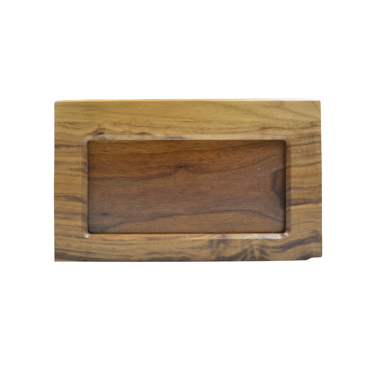 Beartooth style wooden urn finished in walnut wood, has a central panel that is also walnut that can be removed for other personalization