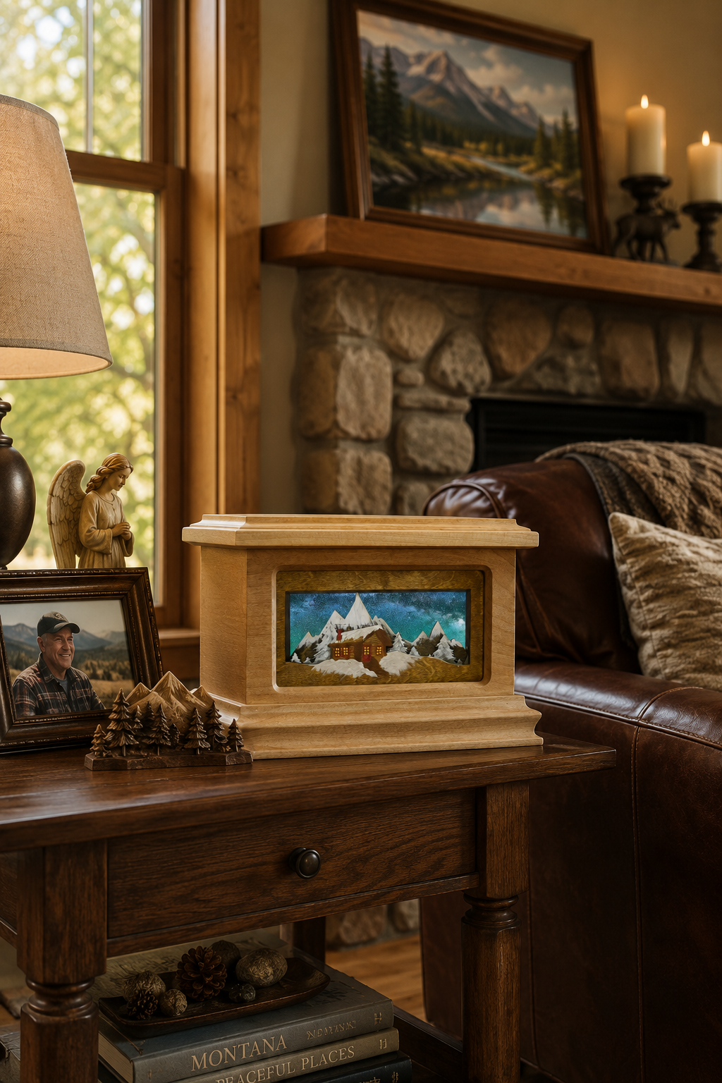 Handcrafted Big Horn wood cremation urn with cabin in the woods panel insert in a rustic Montana home setting — personalized memorial urn by Deer Creek Imaging