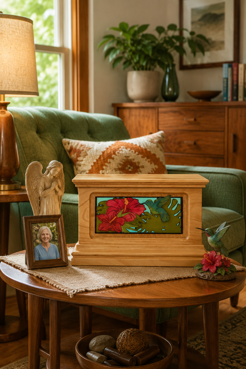 Handcrafted Bitterroot wood cremation urn with hummingbird panel insert displayed in a warm home — personalized wooden memorial urn by Deer Creek Imaging