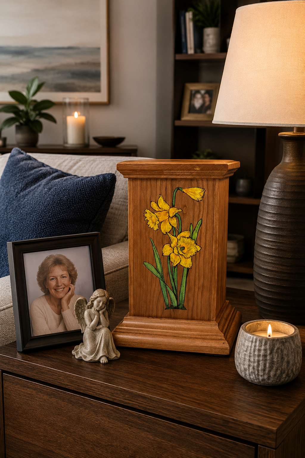 Handcrafted Crazy Mountain wood cremation urn with hand painted floral image in a warm home — personalized memorial urn by Deer Creek Imaging