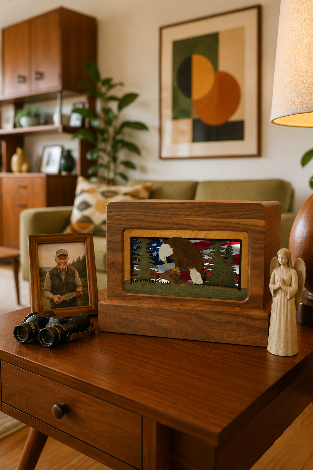 Handcrafted Highland wood cremation urn with praying eagle panel insert in a home setting — personalized memorial urn by Deer Creek Imaging