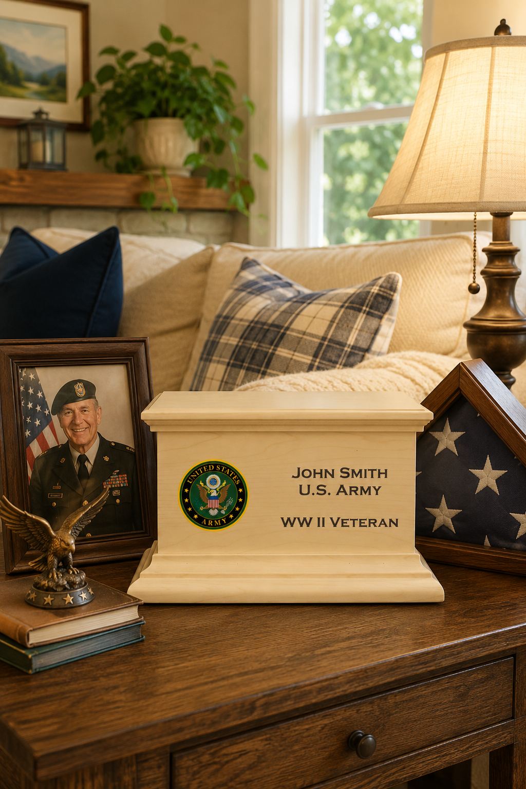 Handcrafted wood cremation urn with military branch emblem displayed in a dignified home setting — veteran memorial urn honoring those who served, by Deer Creek Imaging