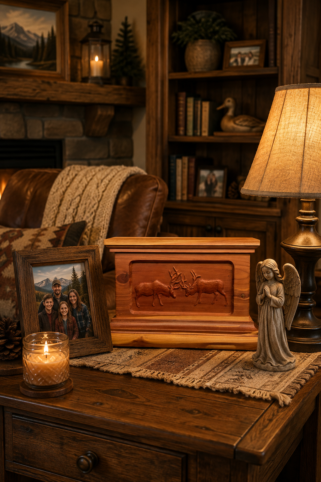 Handcrafted wood cremation urn with custom 3D carved nature scene in a warm home setting — bespoke carved memorial urn by Deer Creek Imaging