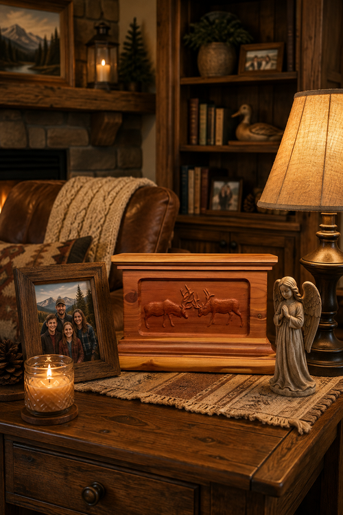 Handcrafted wood cremation urn with custom 3D carved nature scene in a warm home setting — bespoke carved memorial urn by Deer Creek Imaging