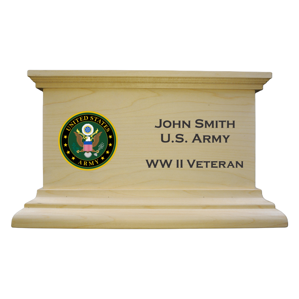 Mission style urn finished in maple, has the United States Army emblem with sample engraving of a loved one's name branch and veteran of war