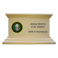 Mission style urn finished in maple, has the United States Army emblem with sample engraving of a loved one's name branch and veteran of war