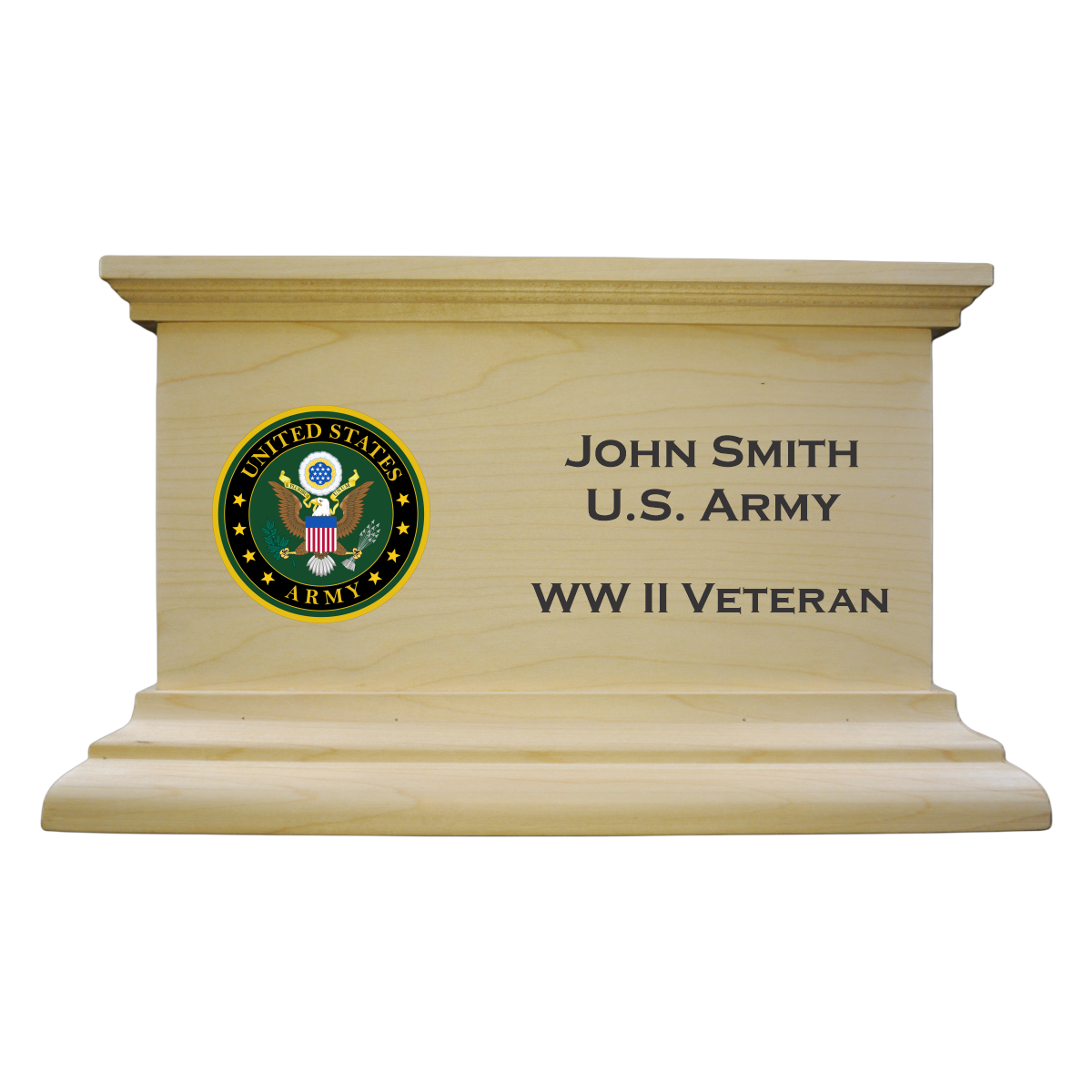 Mission style urn finished in maple, has the United States Army emblem with sample engraving of a loved one's name branch and veteran of war