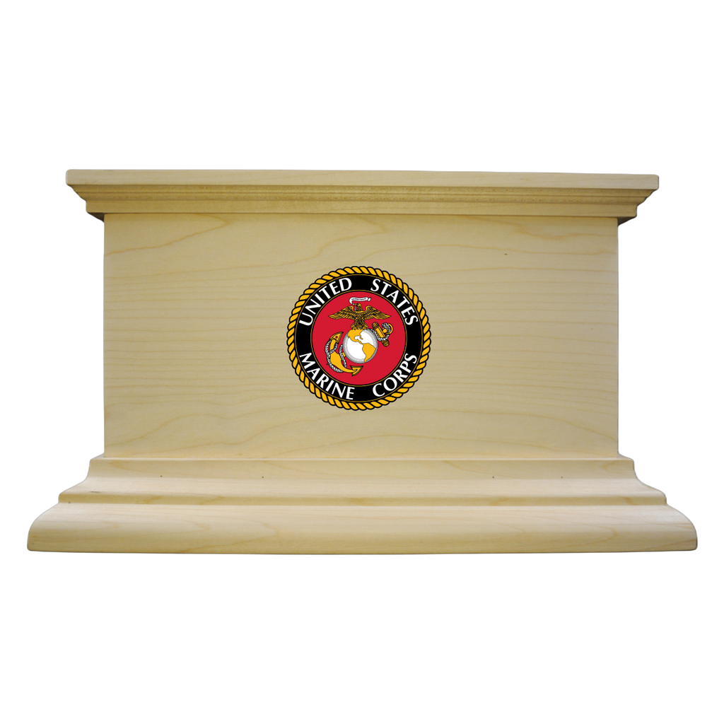 Mission style urn finished in maple wood, the United States Marine Corps emblem centrally located 
