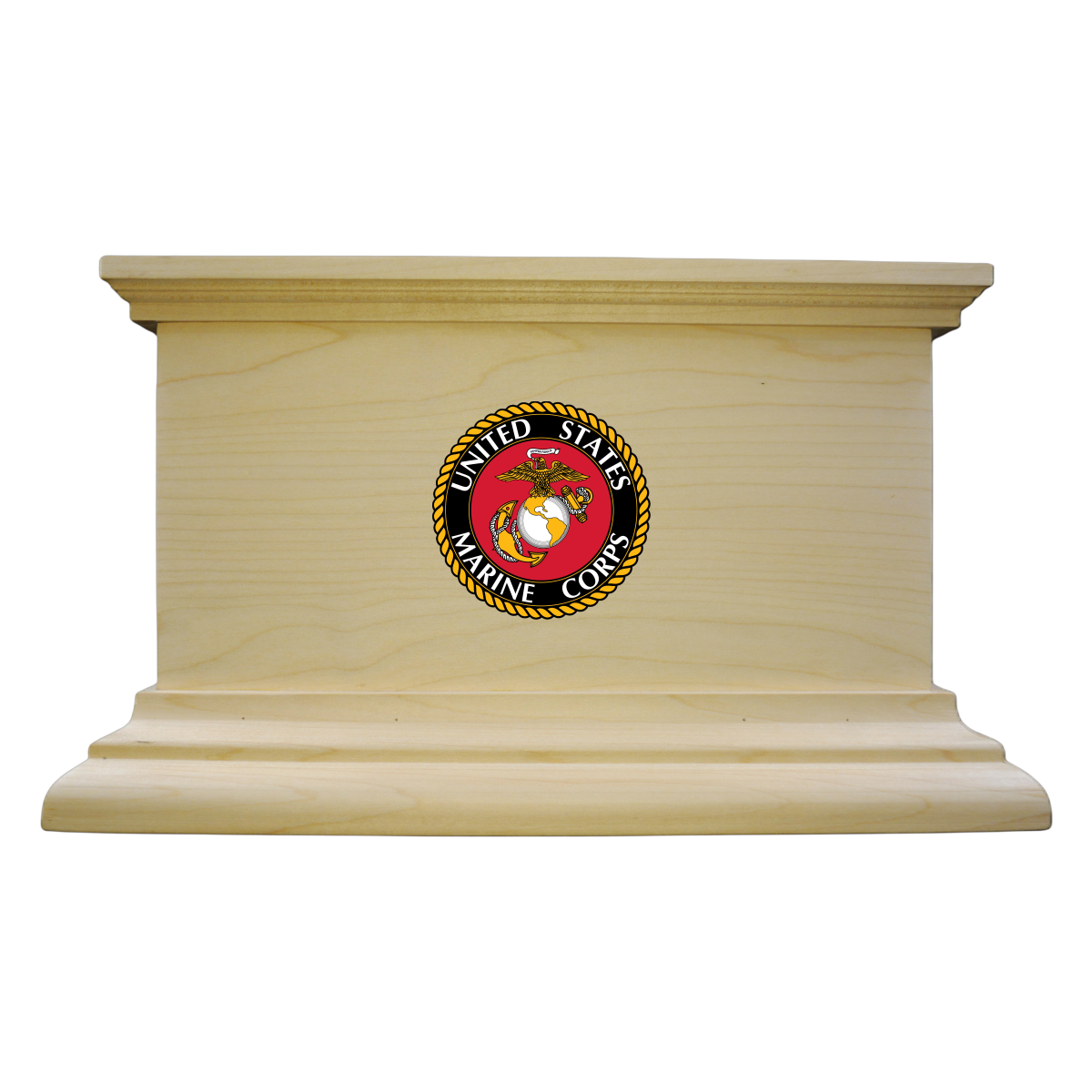 Mission style urn finished in maple wood, the United States Marine Corps emblem centrally located 