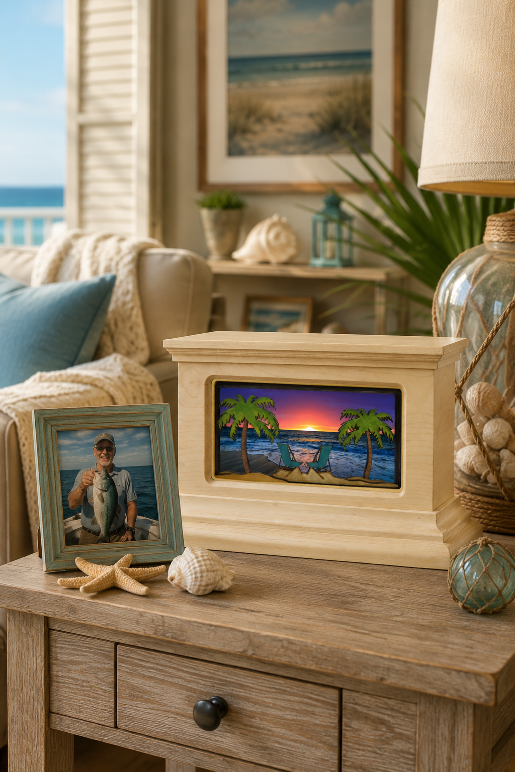 Handcrafted Mission Range wood cremation urn with toes in the sand panel insert in a home setting — personalized memorial urn by Deer Creek Imaging