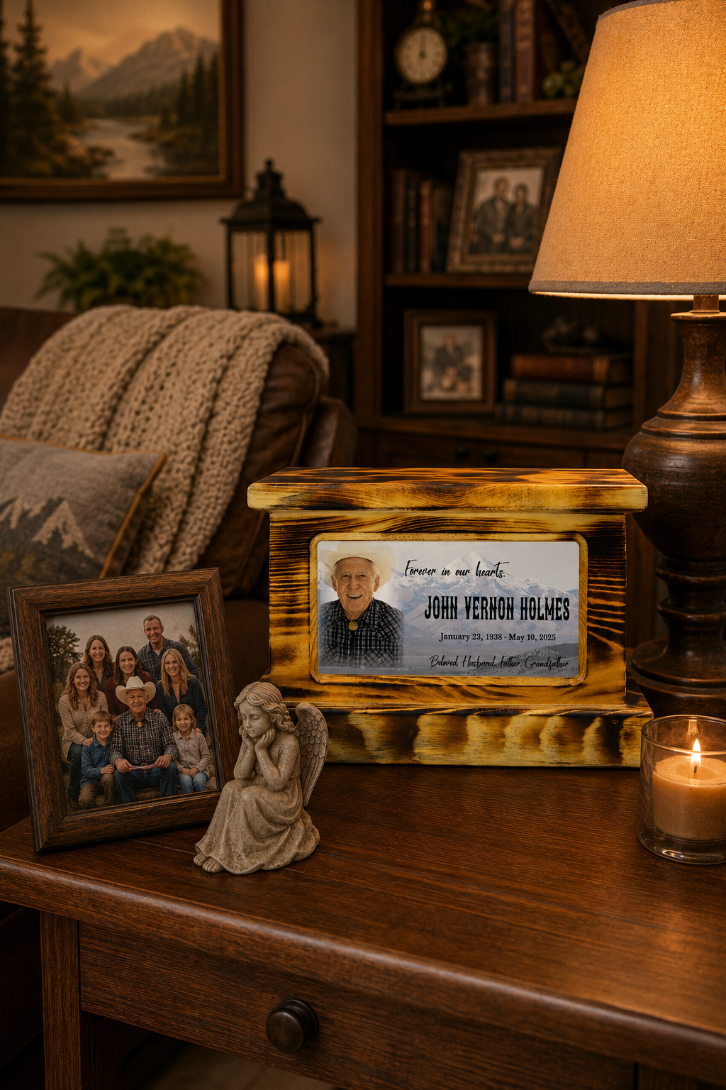 Custom full photo memorial panel insert for wood cremation urn displayed in a home setting — personalized photo keepsake by Deer Creek Imaging