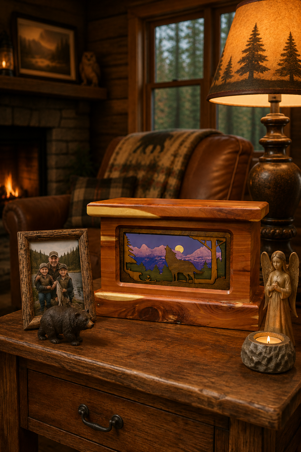 Handcrafted Pine Hills wood cremation urn with wolf panel insert styled in a warm home — personalized wooden memorial urn by Deer Creek Imaging