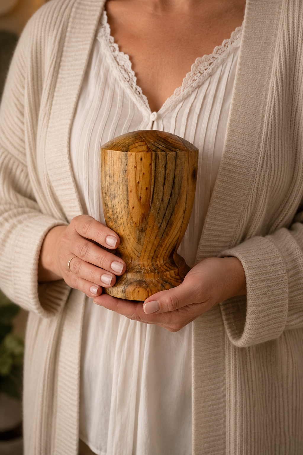 Small handcrafted round wood keepsake urn held in hands — personalized miniature memorial keepsake urn by Deer Creek Imaging