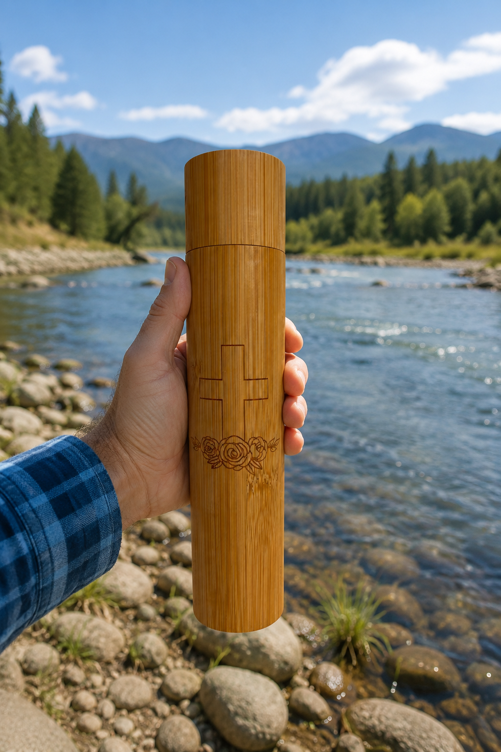 A hand holding a cylindrical bamboo container with a carved cross and floral design, set against a scenic background of a river, trees, and mountains.