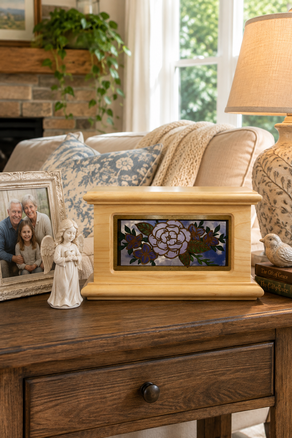 Handcrafted Snowcrest wood cremation urn with floral panel insert displayed in a cozy home — personalized wooden memorial urn by Deer Creek Imaging