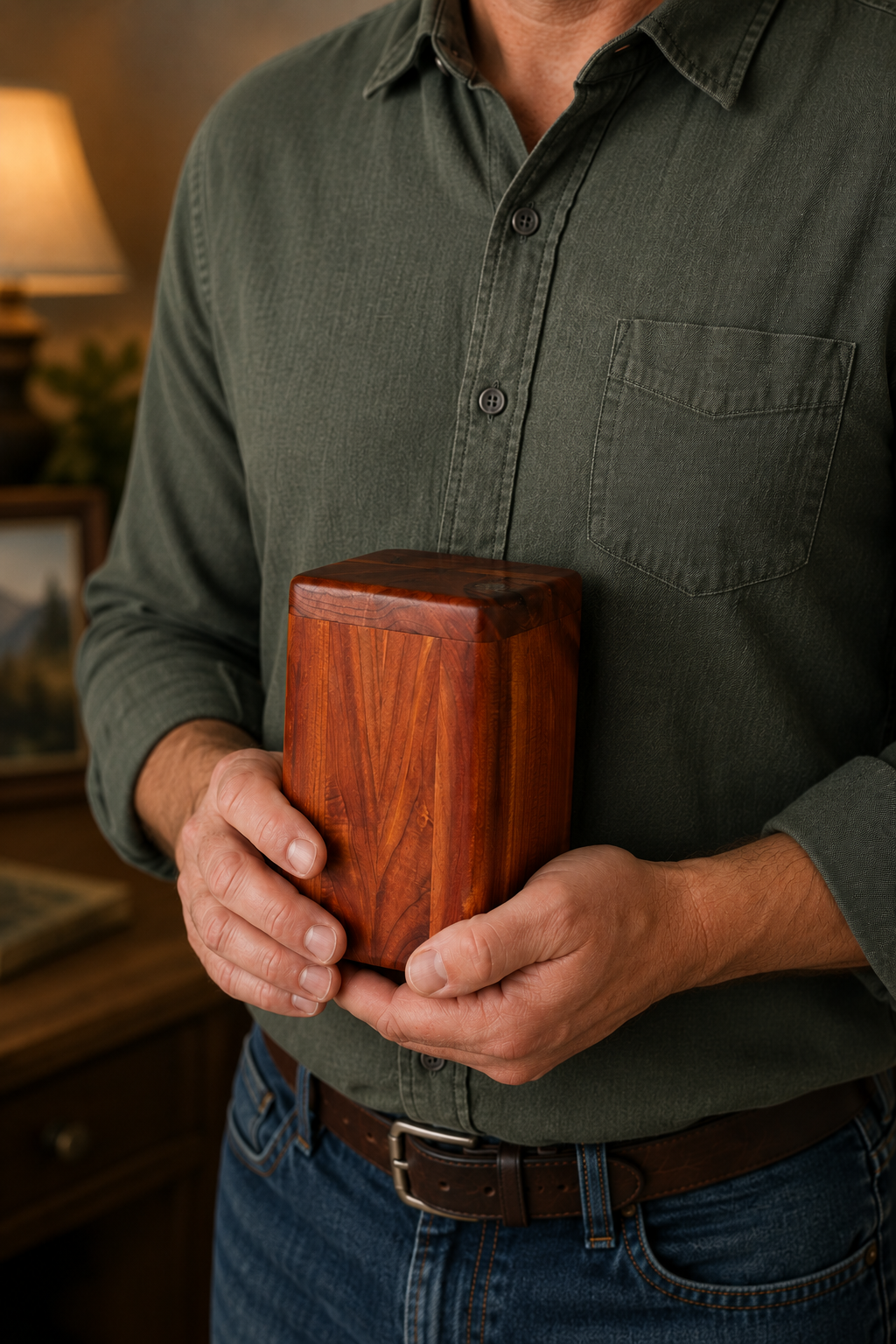 Small handcrafted square wood keepsake urn held in hands — personalized miniature memorial keepsake urn by Deer Creek Imaging